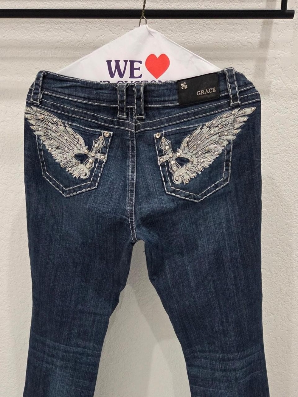Grace in LA Dark Blue Bootcut Jeans with Rhinestone Angel Wings - Picture 5 of 5